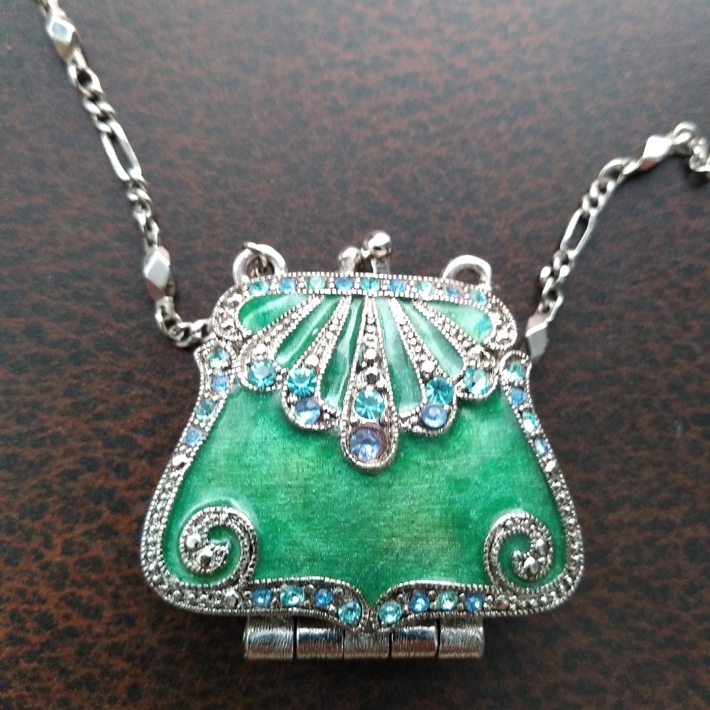 Silvertone and Green Purse Locket
